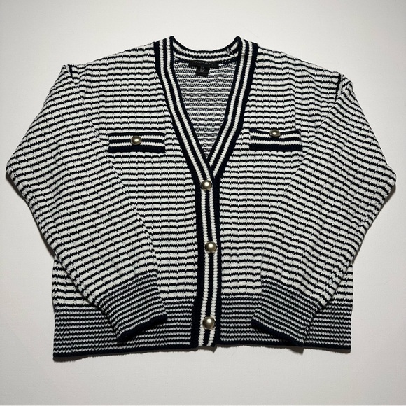 Tahari Sweaters - Tahari Knit V-Neck Cardigan; Black/White Stripes; Silver Accents - Women Medium